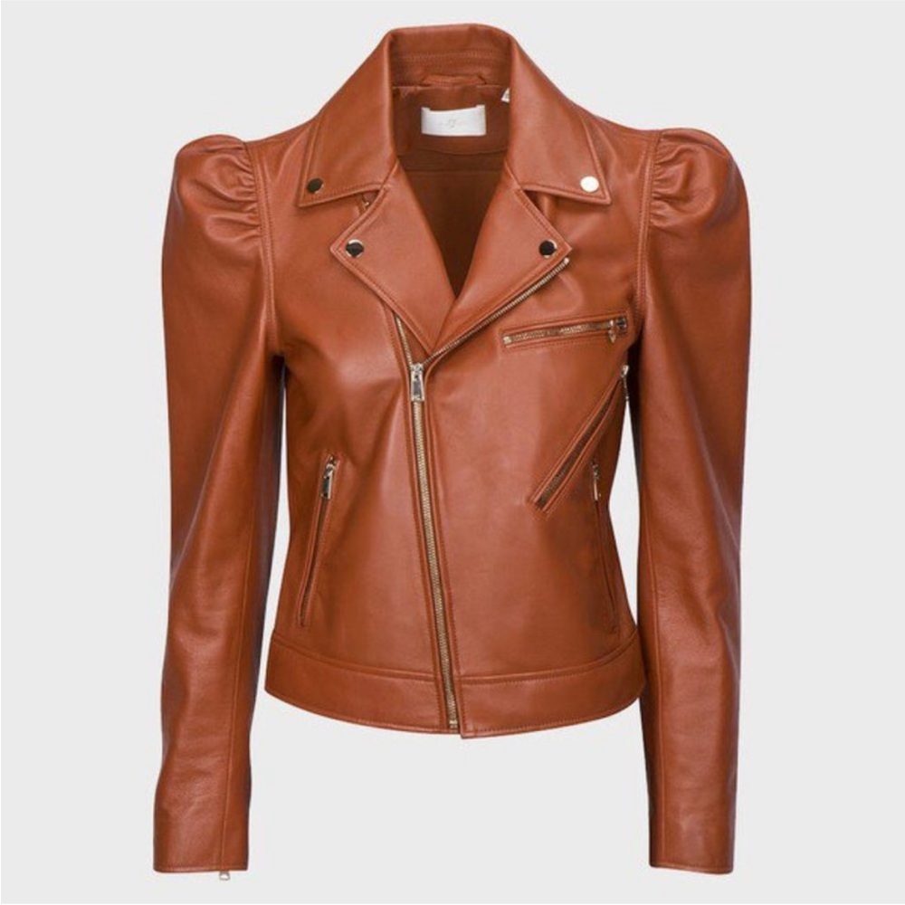 7 FOR ALL MANKIND brown spice leather slim fit Moto jacket w/ gold hardware